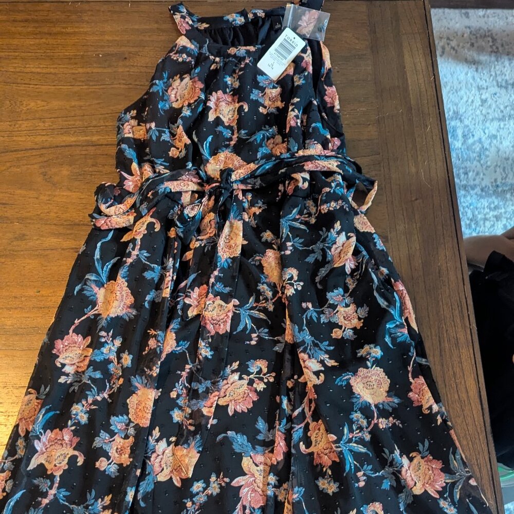 Tea length hi neck tiered dress